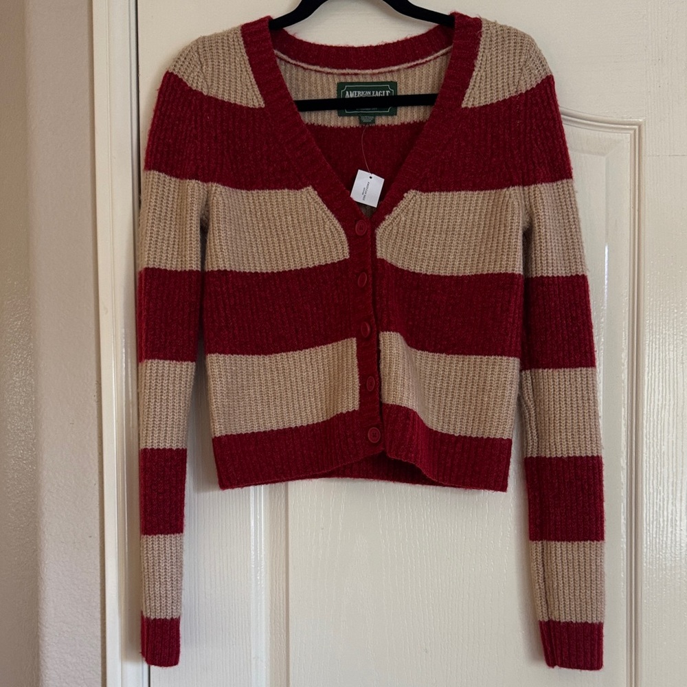 American Eagle Outfitters Red and Tan Striped Cardigan